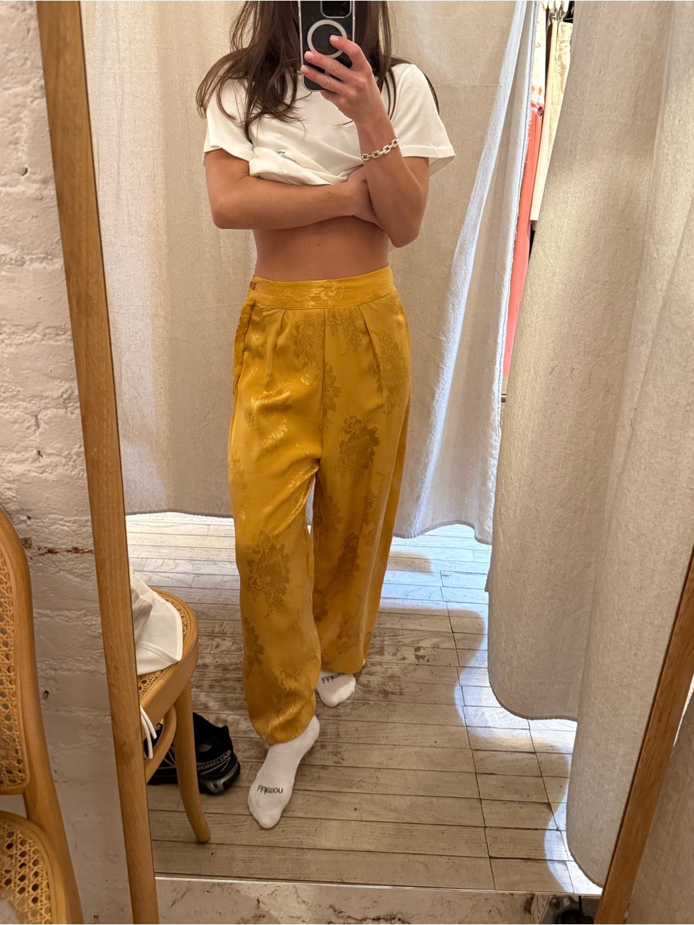 Vintage mustard silk pants from Duo NYC